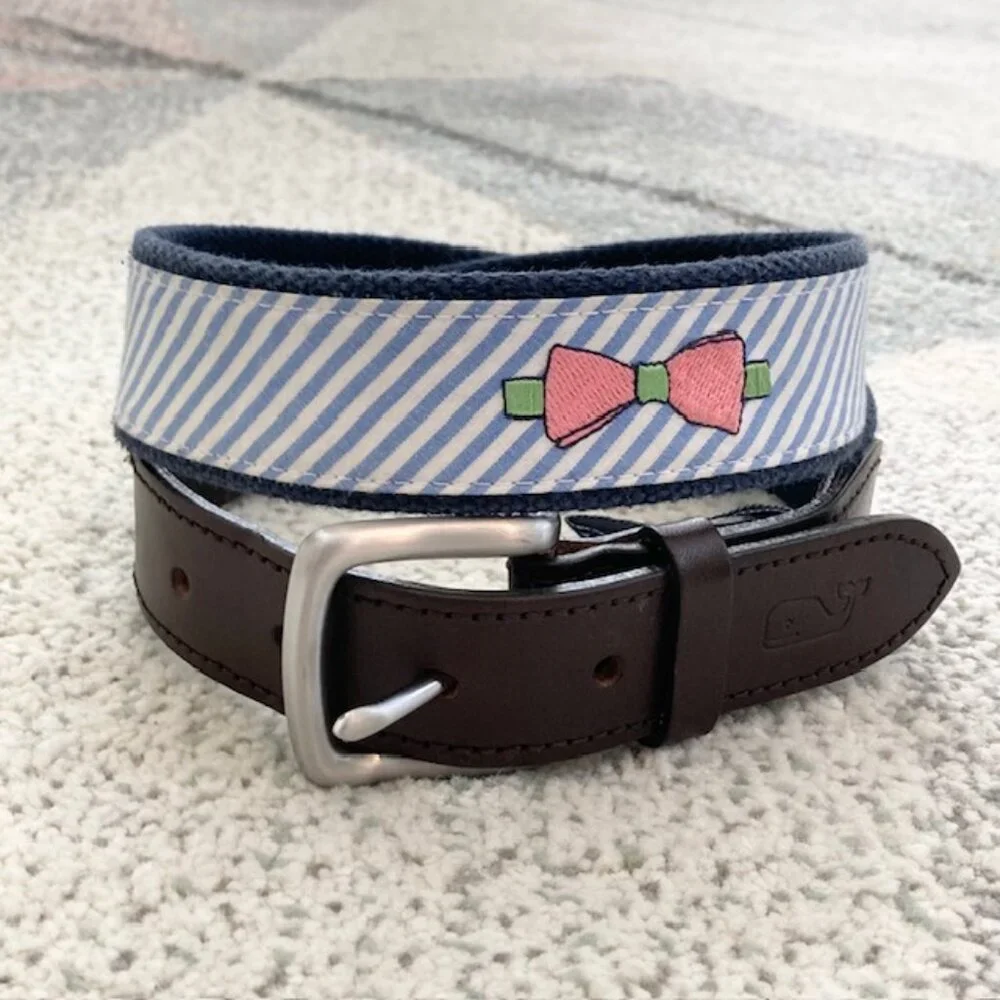 Vineyard Vines Boys Size 30 XL Kentucky Derby Seersucker Leather Bow Tie Belt
